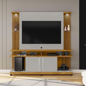 Rack Com Painel Para Até 55 Polegadas Com Vidros 2 Leds E 2 Portas Multimóveis Cr45278 Naturalle/off White/ripado