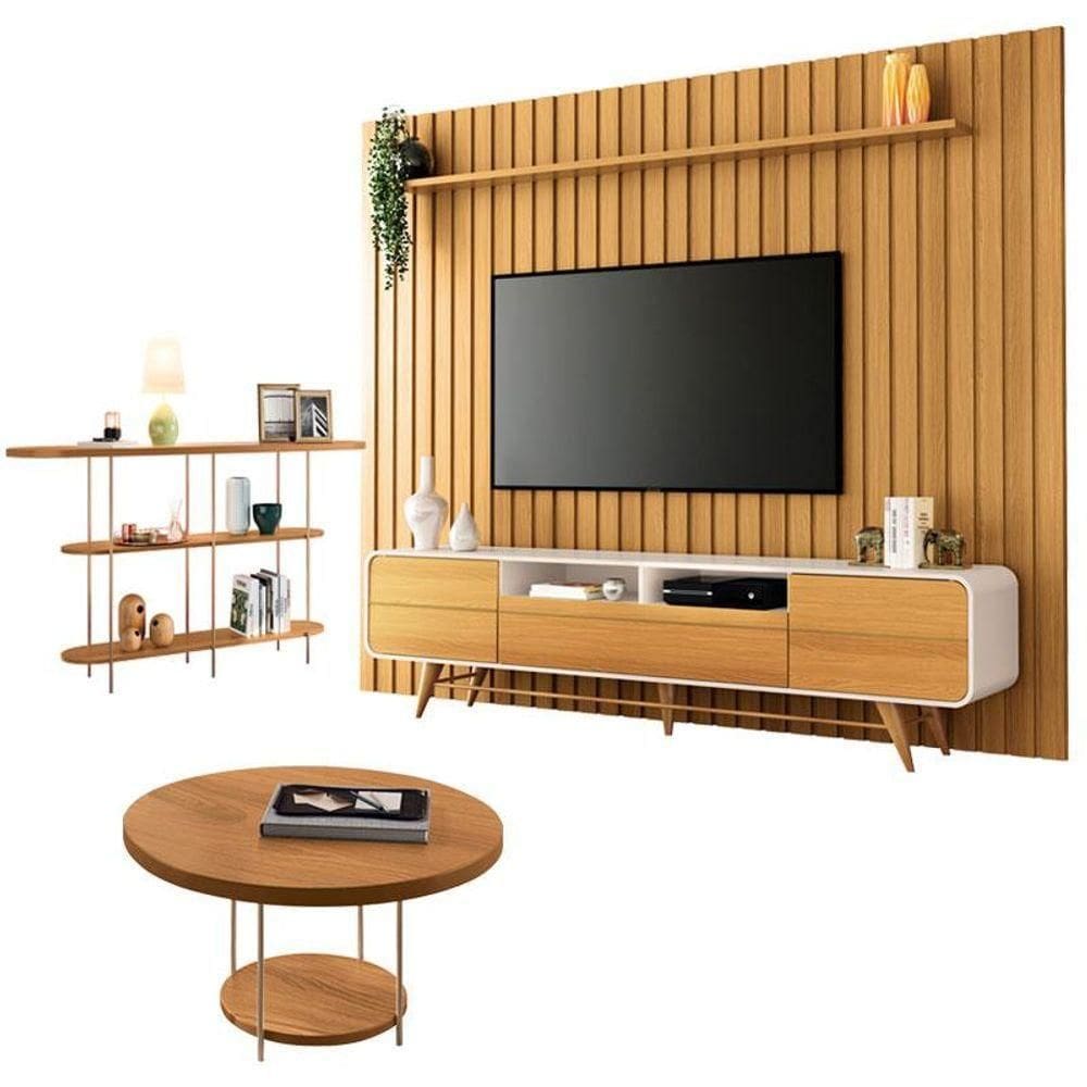 Rack Bancada época Com Painel Ripado You Com Mesa De Centro Sky E Aparador Infinity Cinamomo Off White - Hb Móveis