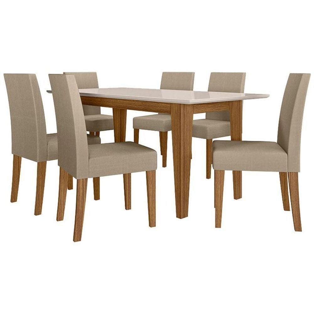 Mesa De Jantar 160cm Liz Com Vidro Carvalho Off White E 6 Cadeiras Josi Liso Carvalho Bege - Poliman