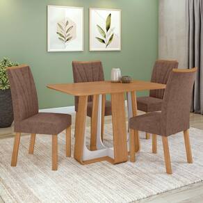 Conjunto Sala De Jantar Mesa Easy Pop 120x80cm Tampo Mdf Com 4 Cadeiras Confort Couro Morano Avelã Amêndoa/off White