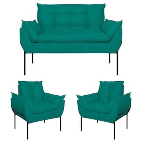 Kit 2 Poltronas Opala + Namoradeira Base Metal Preta Suede Azul Turquesa