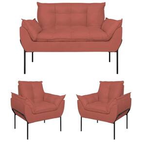 Kit 2 Poltronas Opala + Namoradeira Base Metal Preta Suede Cor Rosa