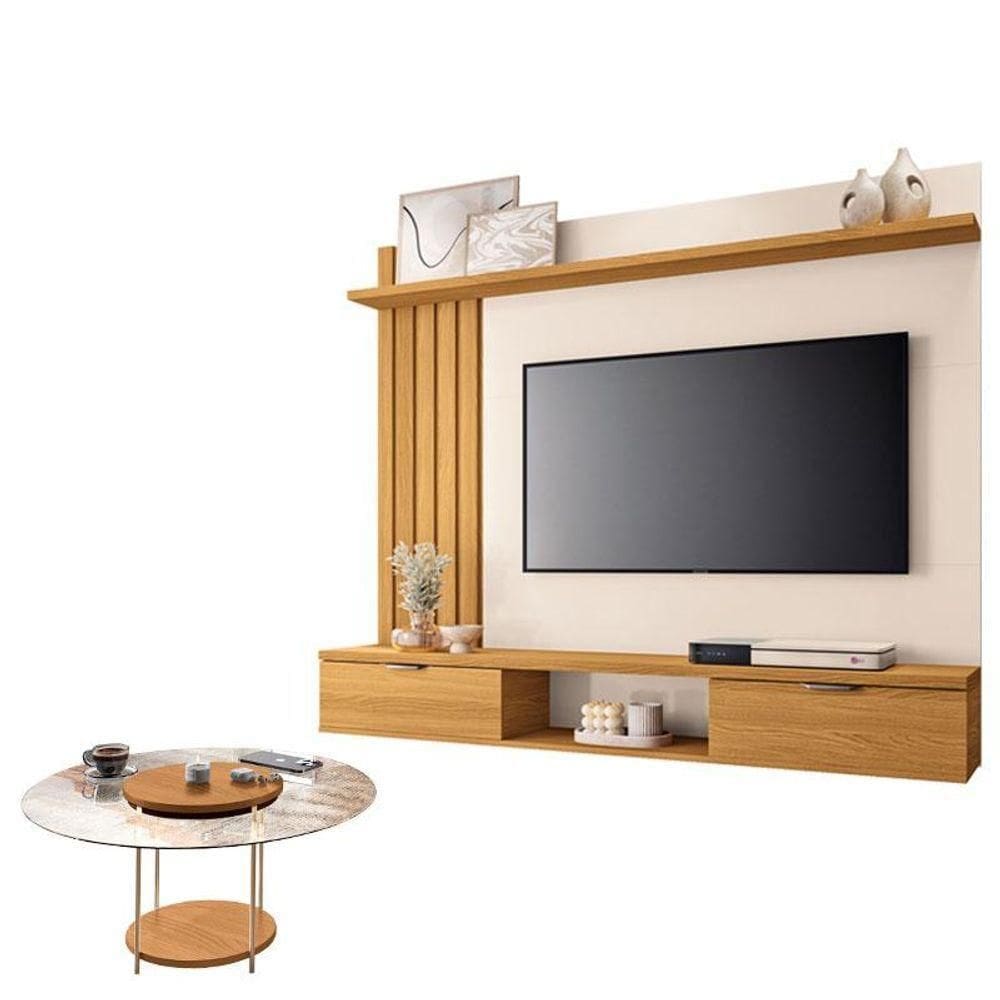 Painel Para Suspenso Lets E Mesa De Centro Sky Com Tampo De Vidro Cinamomo Off White - Hb Móveis