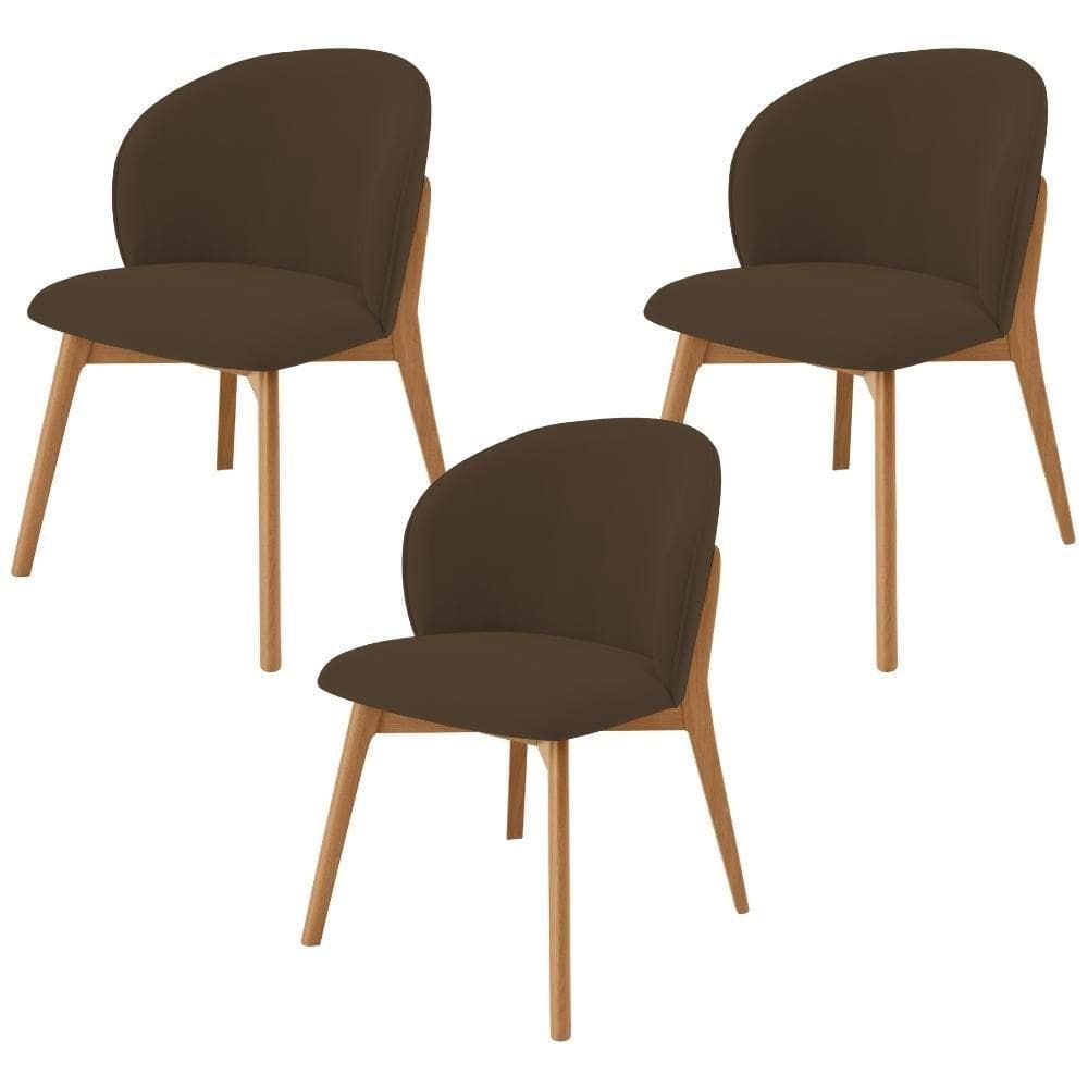 Kit 03 Cadeiras De Jantar E Estar Living Estofada Mia L02 Suede Marrom - Lyam Decor
