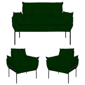 Kit 2 Poltronas Opala + Namoradeira Base Metal Preta Suede Verde