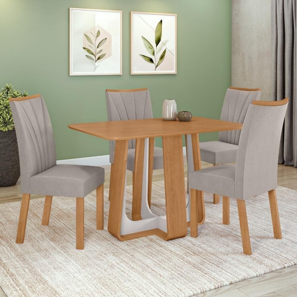 Conjunto Sala De Jantar Mesa Easy Pop 120x80cm Tampo Mdf Com 4 Cadeiras Confort Veludo Liso Capuccino Amêndoa/off White