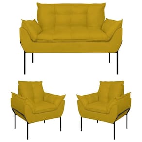 Kit 2 Poltronas Opala + Namoradeira Base Metal Preta Suede Amarelo