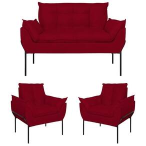 Kit 2 Poltronas Opala + Namoradeira Base Metal Preta Suede Vermelho
