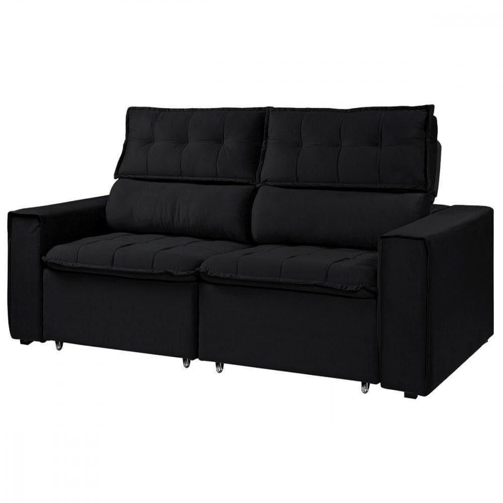 Sofá Para Sala Reclinavel Estofado Cancún 200cm Veludo Preto