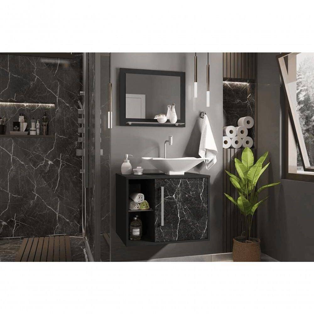 Conj Gabinete E Espelheira Baden P/ Banheiro Preto Fosco/nero