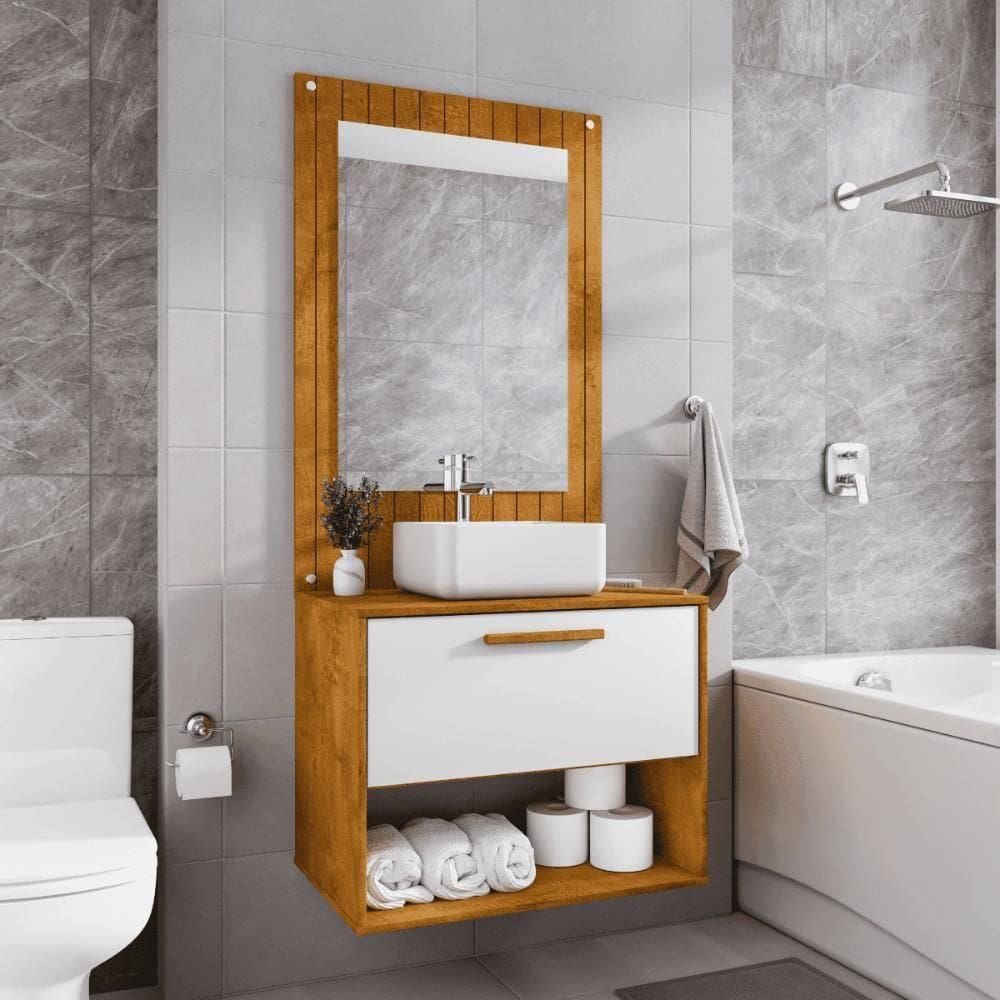 Conjunto Gabinete C/ Espelheira Para Banheiro Orion Naturalle/branco
