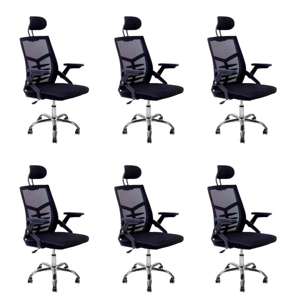 Kit 6 Cadeiras Escritório Executiva Diretor Relax Ergonômica Com Apoio De Cabeça