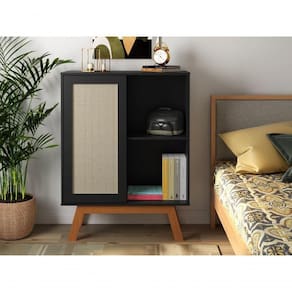 Balcao Alto Aparador Buffet Com Porta De Correr Rattan Pés Em Madeira Preto