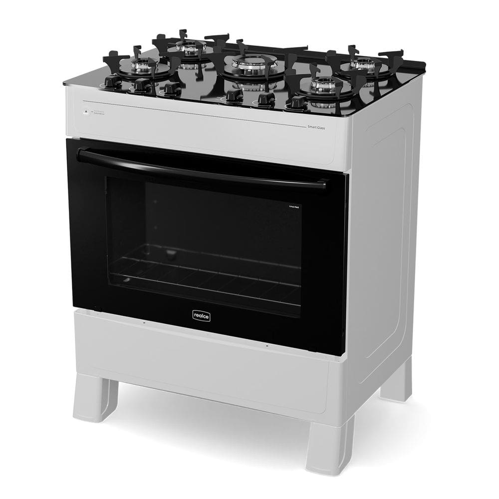 Fogão 5 Bocas Branco Smart Glass com Forno 94 L em Vidro Temperado Realce