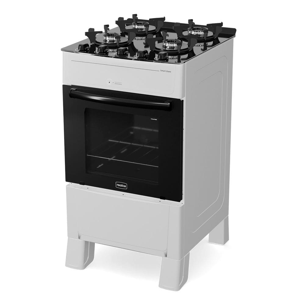 Fogão 4 Bocas Branco Smart Glass com Forno 50 L em Vidro Temperado Realce