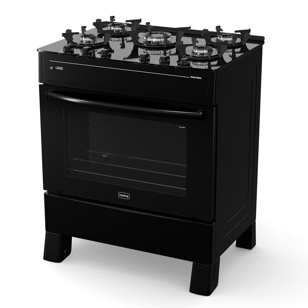 Fogão 5 Bocas Preto Smart Glass com Forno 94 L em Vidro Temperado Realce