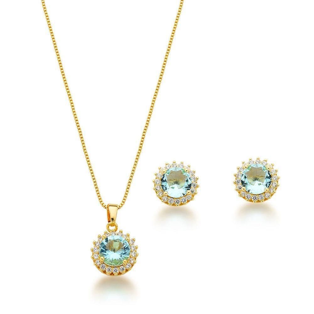 Conjunto Colar E Brinco Ponto De Luz Azul Claro Banhado A Ouro 18k