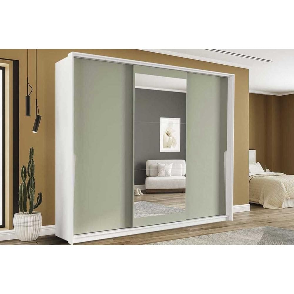 Guarda Roupa 3 Portas de Correr (1 c/ espelho) e 4 Gavetas Porto Branco/Verde - Politorno