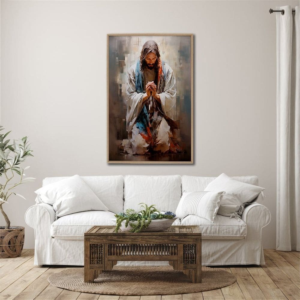 Quadro Decorativo Religioso Jesus em Oração 1 Tela 80cm X 120cm para Sala/ Quarto/ Igreja Sem Vidro Bege