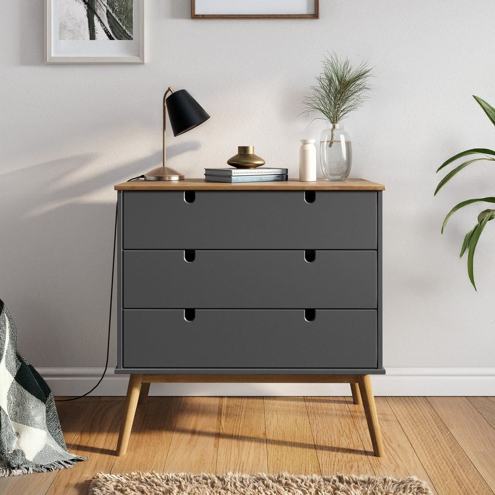Cômoda para Quarto 3 Gavetas em Madeira Maciça Laos Amêndoa/Cinza