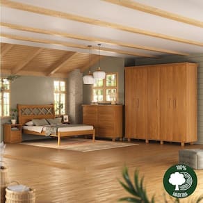 Conjunto de Quarto Cama Gramado, Cômoda Classic, 2 Mesas de Cabeceira Arthur e Guarda-Roupa Ibiza Mogno Mel