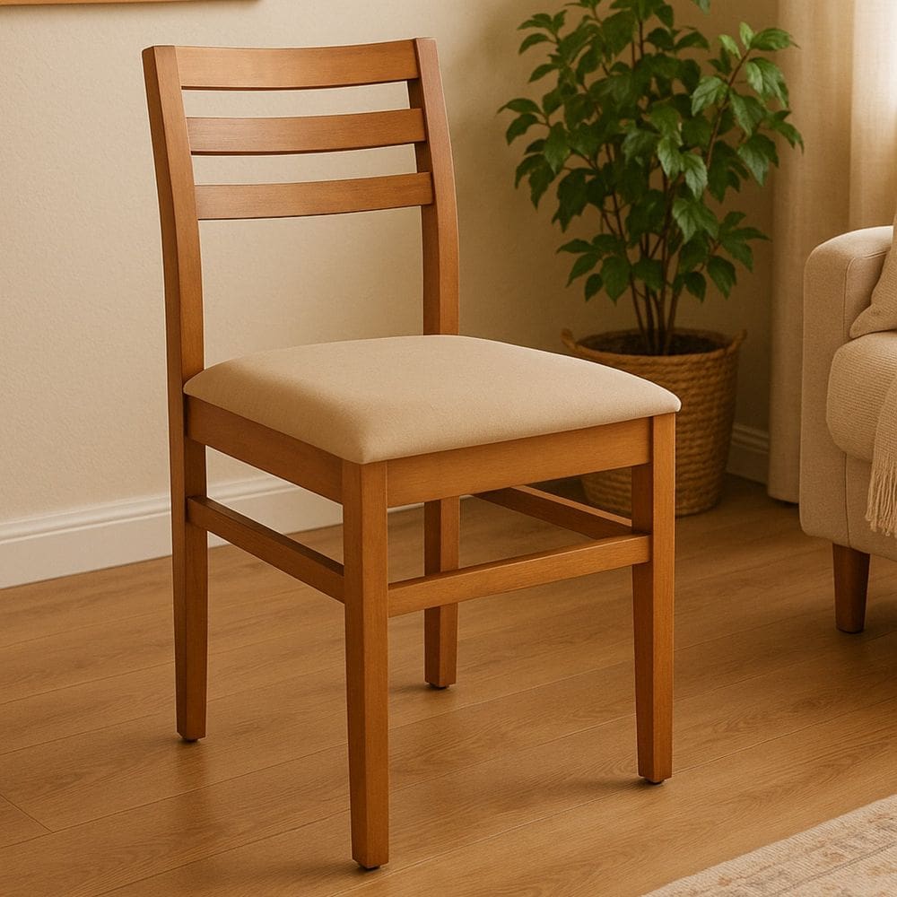 Cadeira para Sala de Jantar em Madeira Maciça Diamante Madeira Mel /Estofado Bege