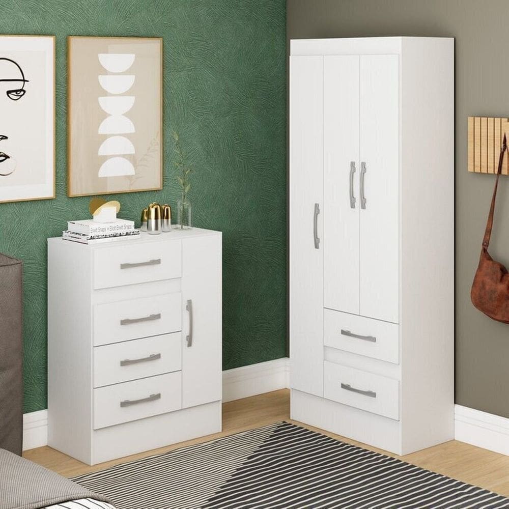 Quarto Completo com Guarda-Roupa 3 Portas e 2 Gavetas e Cômoda 4 Gavetas 1 Porta Branco