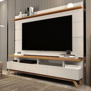 Rack com Painel para Tv 72 Polegadas Pés em Madeira Maciça Off White/Marrom