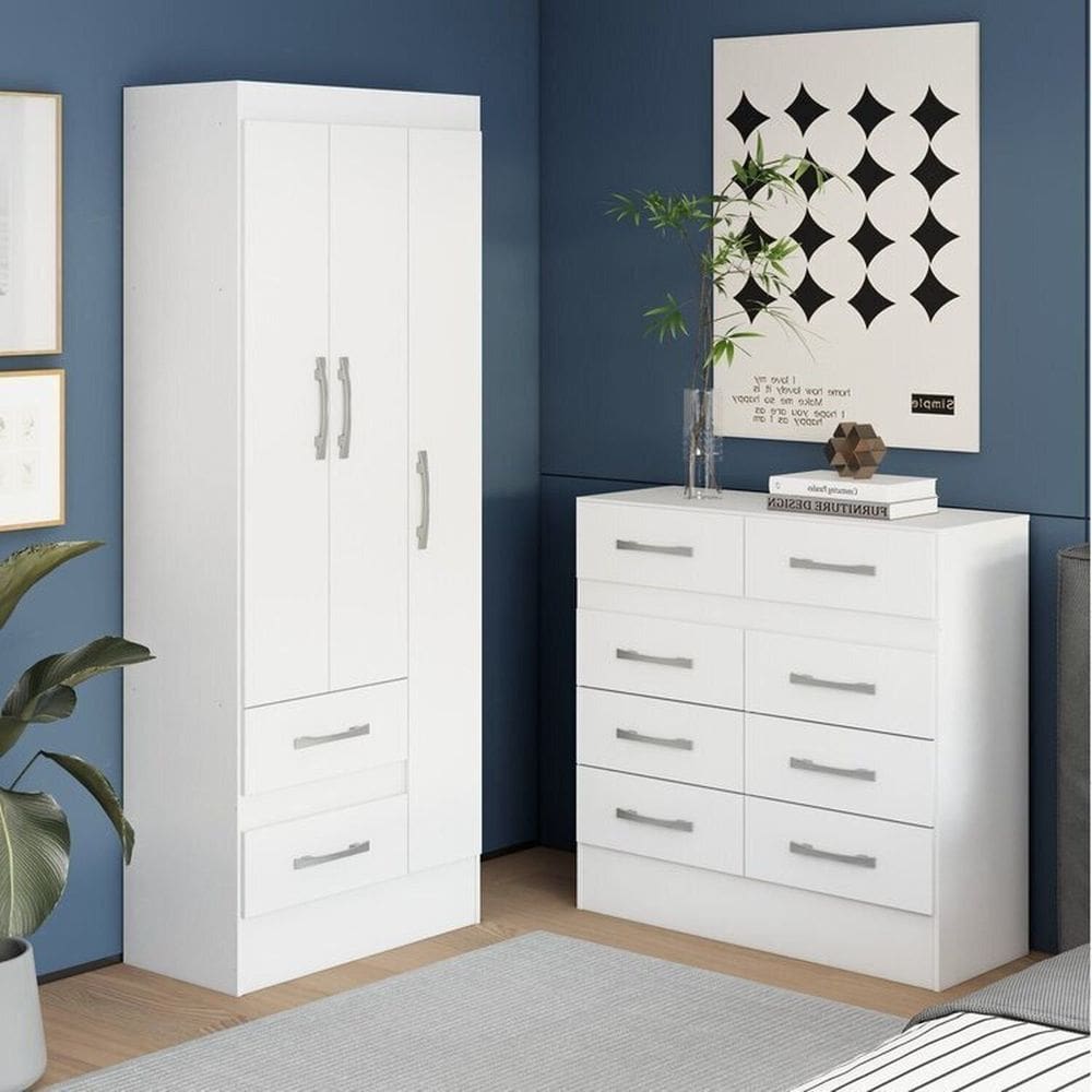 Quarto Completo Guarda-Roupa 3 Portas 2 Gavetas e Cômoda 8 Gavetas Branco