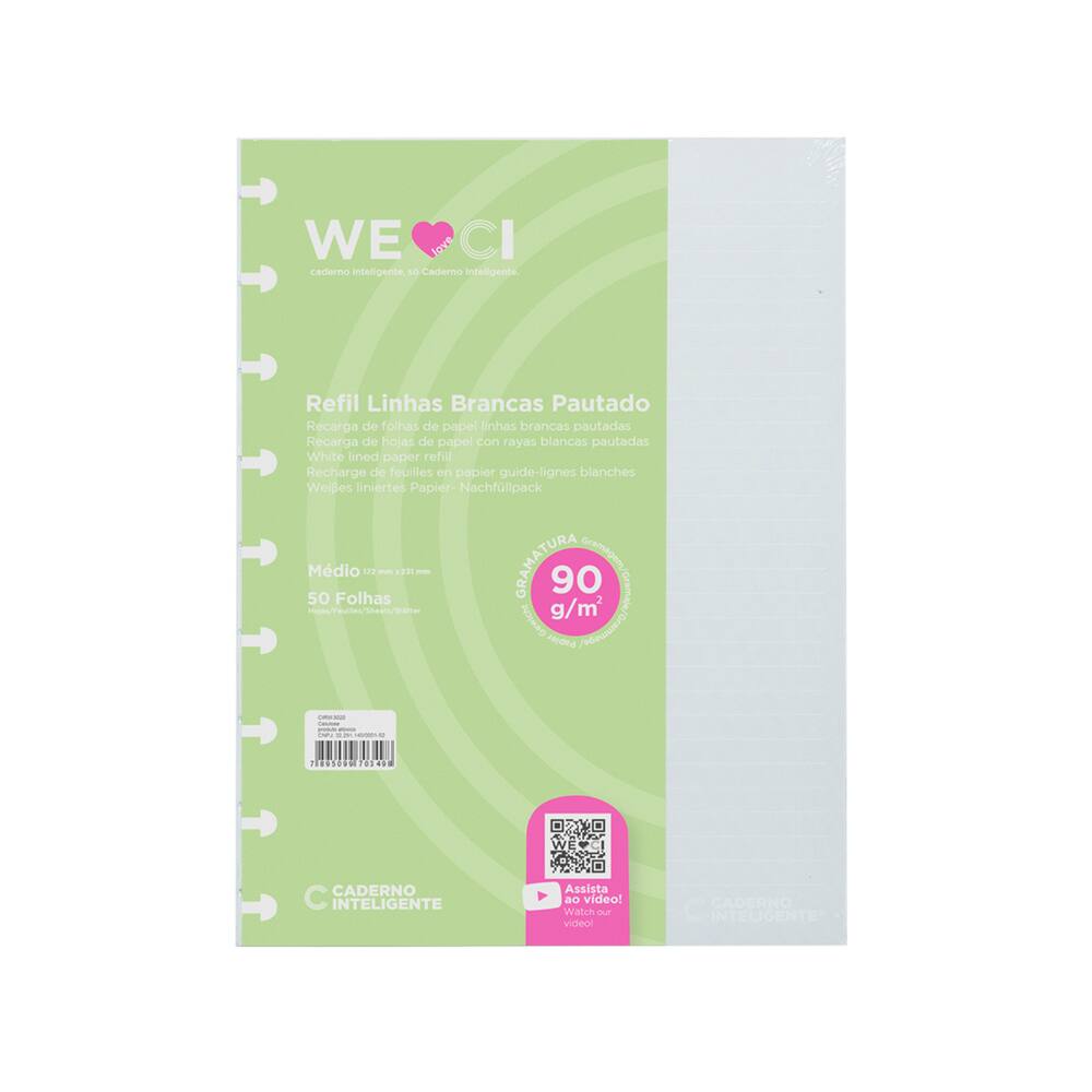 Refil Caderno Inteligente Pautado Linhas Brancas 90g - Médio