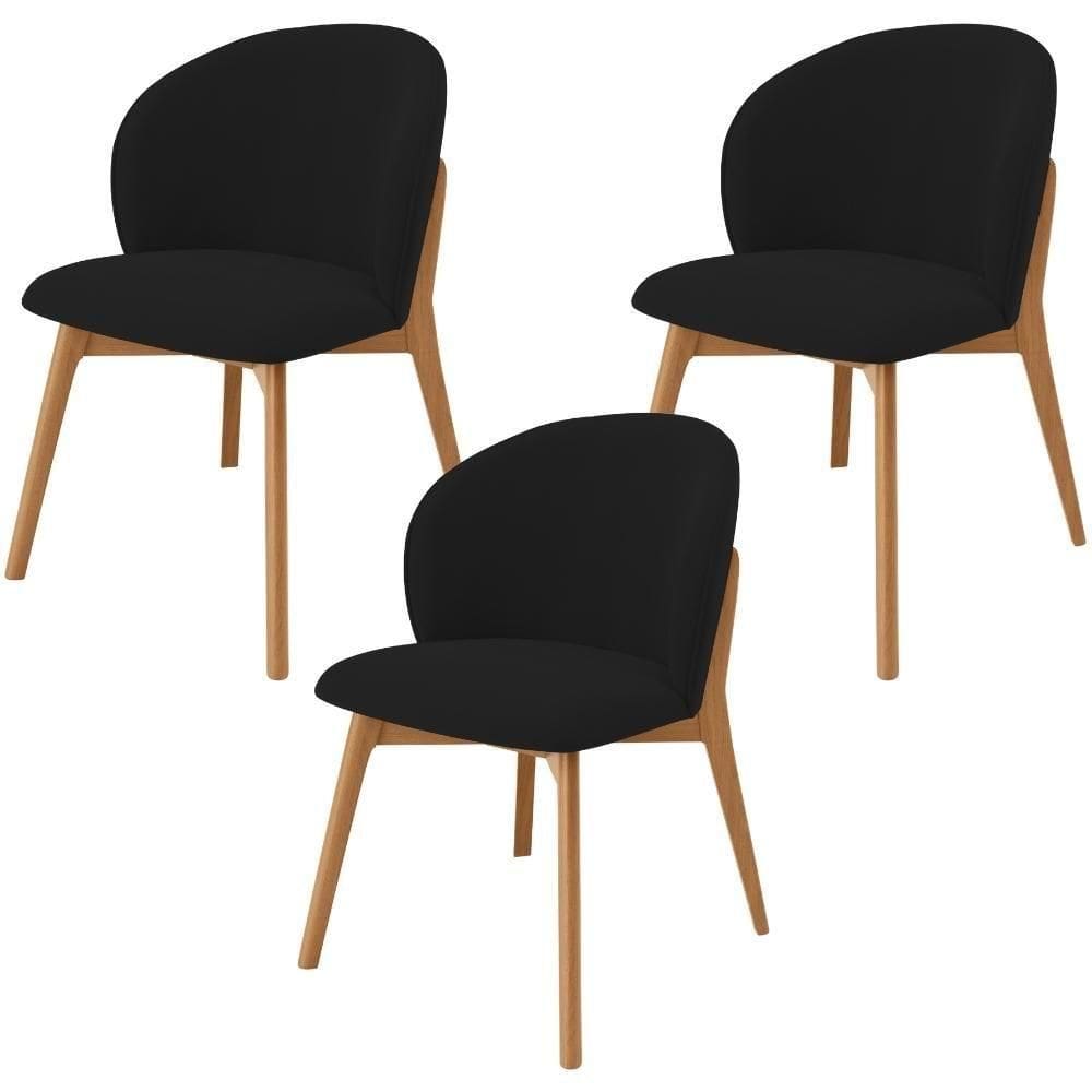 Kit 03 Cadeiras De Jantar E Estar Living Estofada Mia L02 Suede Preto - Lyam Decor