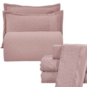 Kit Cobre Leito Queen + Jogo De Lençol Micropercal 300 Fios Com Bordado Inglês Santorini 7 Peças - Malva