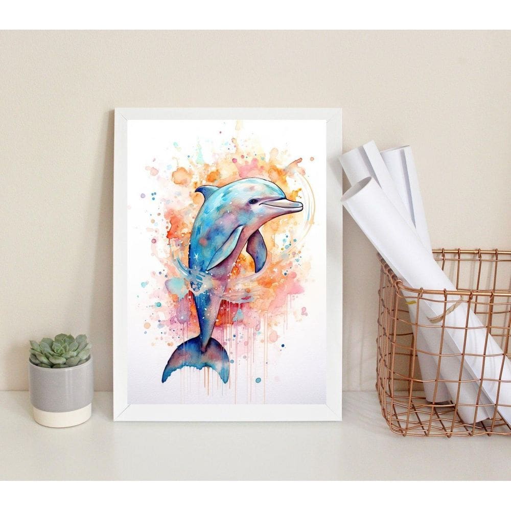 Quadro Decorativo Golfinho Colorido- Aquarela 45X34Cm Vidro