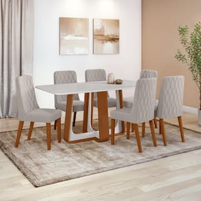 Conjunto Sala De Jantar Mesa Easy Pop 170x90cm Tampo Vidro/mdf Com 6 Cadeiras Seat Veludo Liso Capuccino Frassino Off White