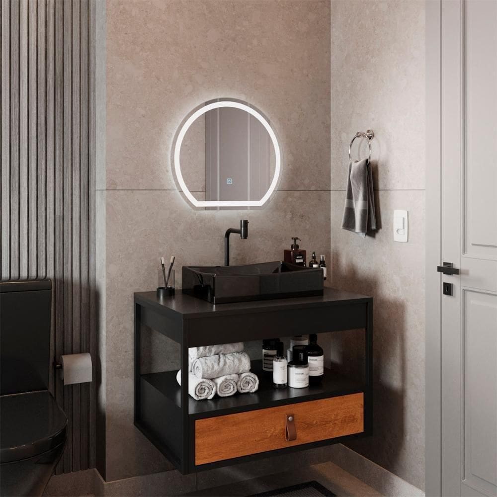 Gabinete Harley Com Cuba Torneira Espelho Redondo Led 50cm Preto/Nature