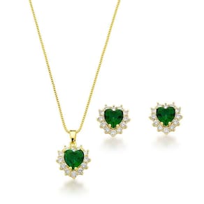 Conjunto Colar E Brinco Coração Cravejados Verde Escuro Banhado A Ouro 18k