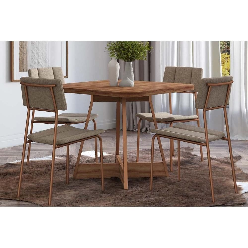 Sala de Jantar Completa 1593 c/ Tampo Madeirado 90x90cm e 4 Cadeiras 1742 Nogal/Freijo Rose/Cobre/Linho Areia - Carraro
