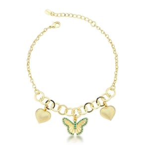 Pulseira Feminina Delicada Banhada Em Ouro 18k - Corações E Borboleta Com Cristais Verdes