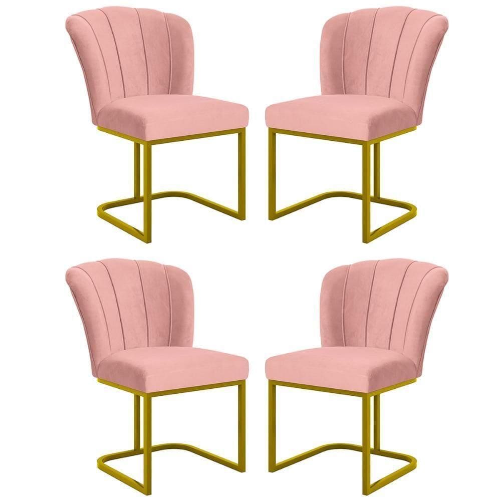 Kit 4 Cadeira Poltrona Flor Pés Metal Dourado Mesa Jantar Cozinha Rosa