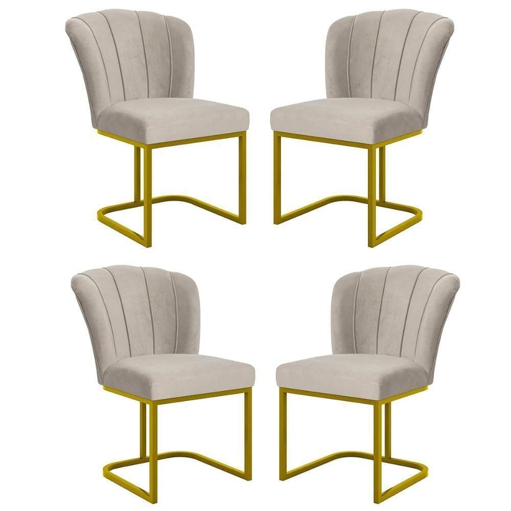 Kit 4 Cadeira Poltrona Flor Pés Metal Dourado Mesa Jantar Cozinha Bege
