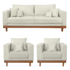 Kit 2 Poltronas Living + Sofá 3 Lugares Base Madeira Suede Bege