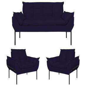 Kit 2 Poltronas Opala + Namoradeira Base Metal Preta Suede Azul Marinho