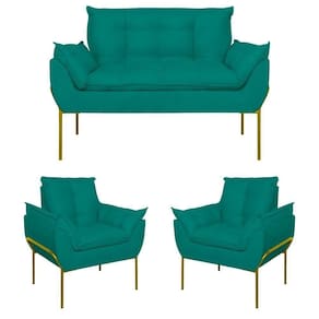 Kit 2 Poltronas Opala + Namoradeira Base Metal Dourada Azul Turquesa