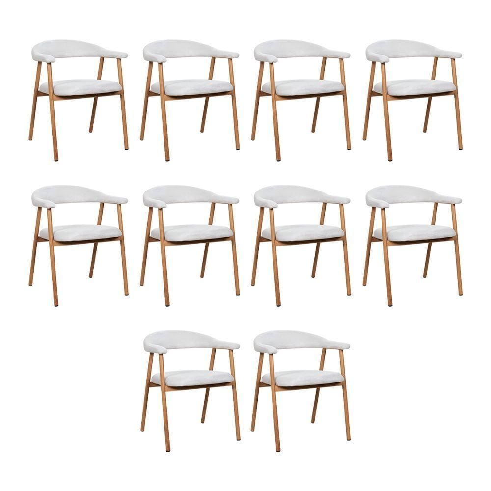 Kit 10 Cadeiras De Jantar Luana Estrutura Aço Carbono Laminado Natural Com Estofado Linho Cru