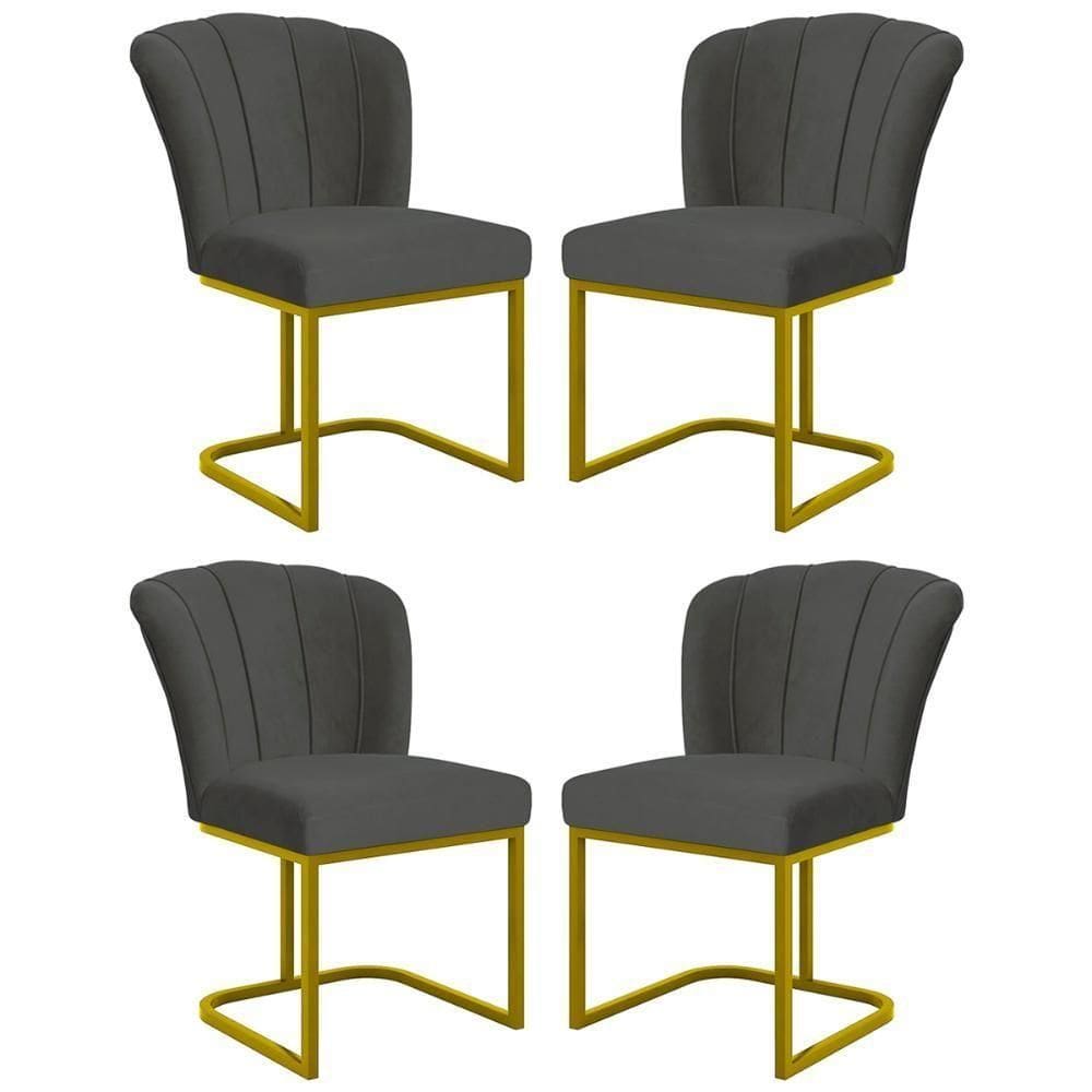 Kit 4 Cadeira Poltrona Flor Pés Metal Dourado Mesa Jantar Cozinha Cinza