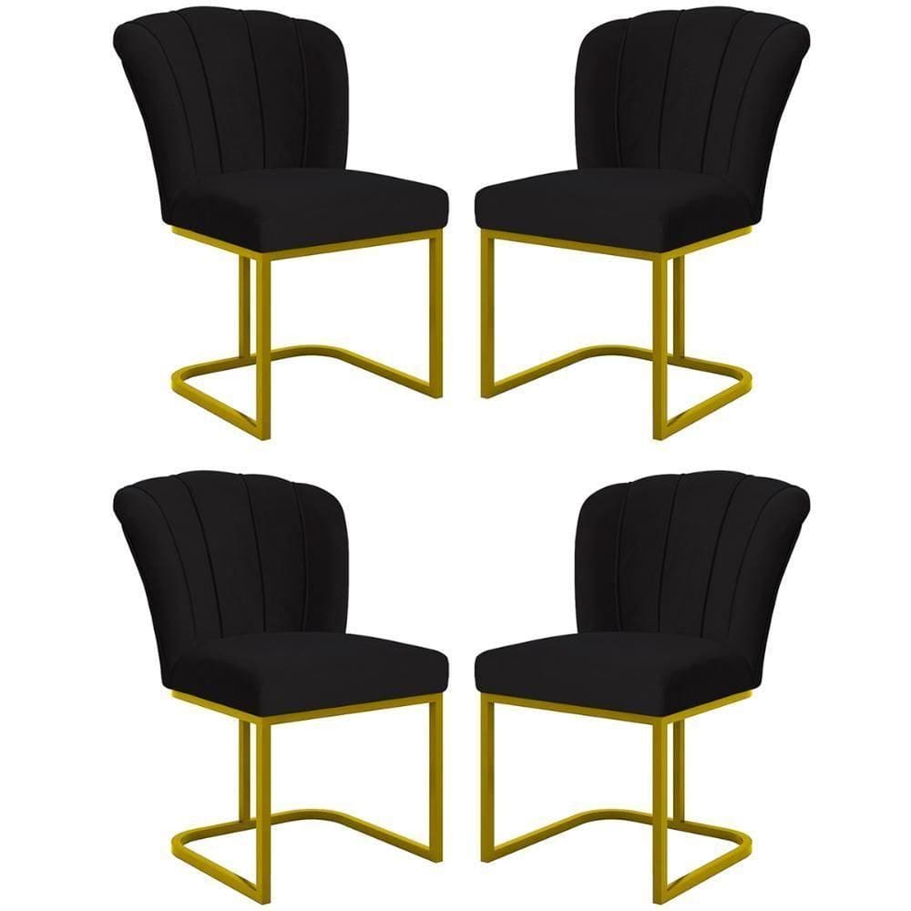 Kit 4 Cadeira Poltrona Flor Pés Metal Dourado Mesa Jantar Cozinha Preto