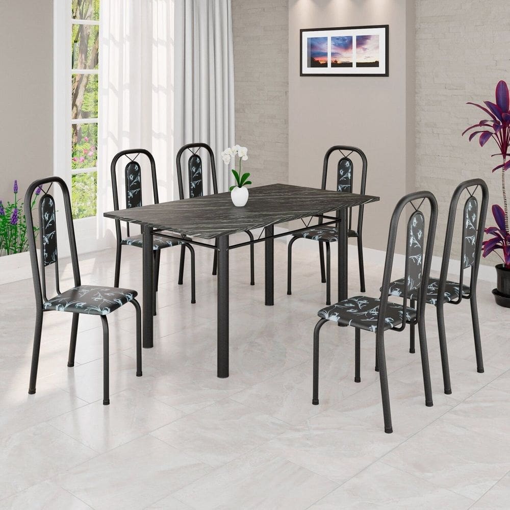 Conjunto Sala de Jantar com 6 Cadeiras Lívia Floral preto / Preto TXT