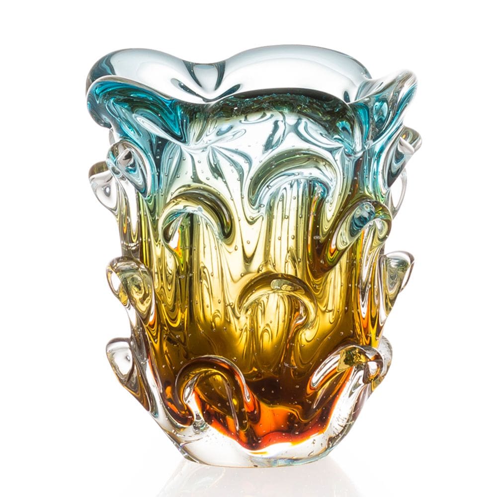 Vaso Em Cristal Murano Água Marinha E Âmbar  São Marcos