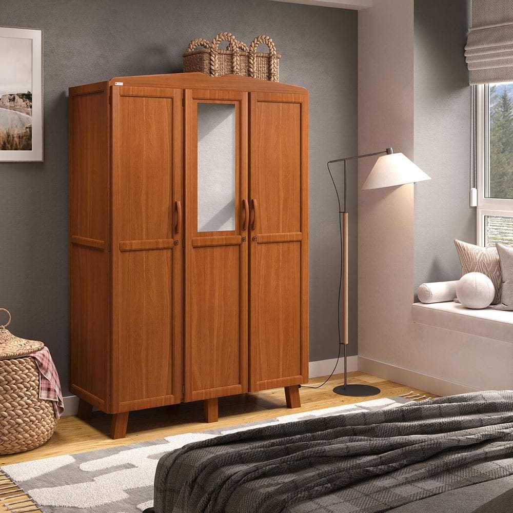 Guarda-Roupa Itália com 3 Portas e 2 Gavetas em Madeira Pinus Carvalho Acetinado - Tozzeto