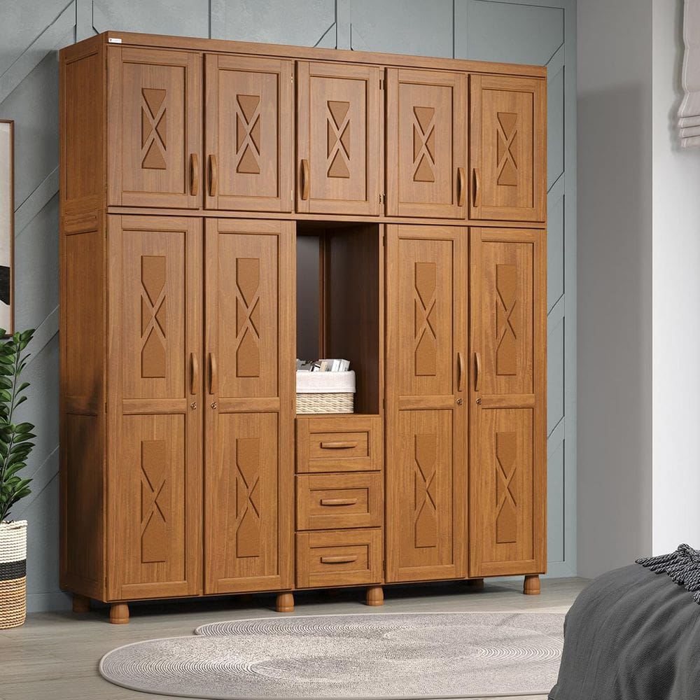 Guarda-Roupa Capelinha Viena com 9 Portas e 3 Gavetas em Madeira Pinus Carvalho Acetinado - Tozzeto